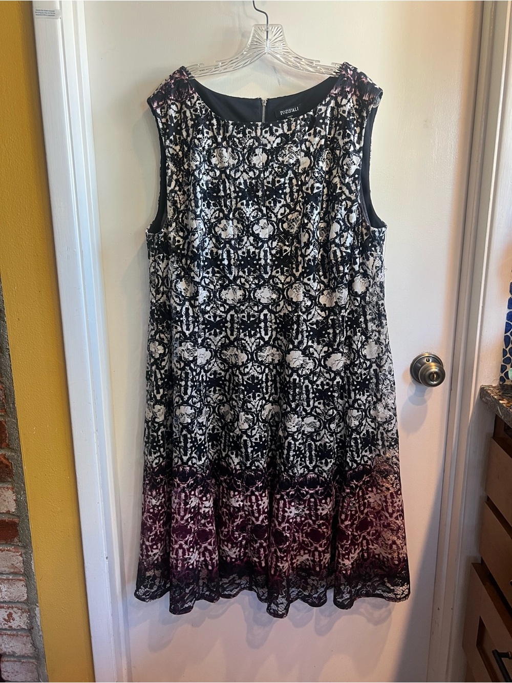 Roz & Ali Black and White Lace Fit-and-Flare Dress with Ombre Purple Hem
